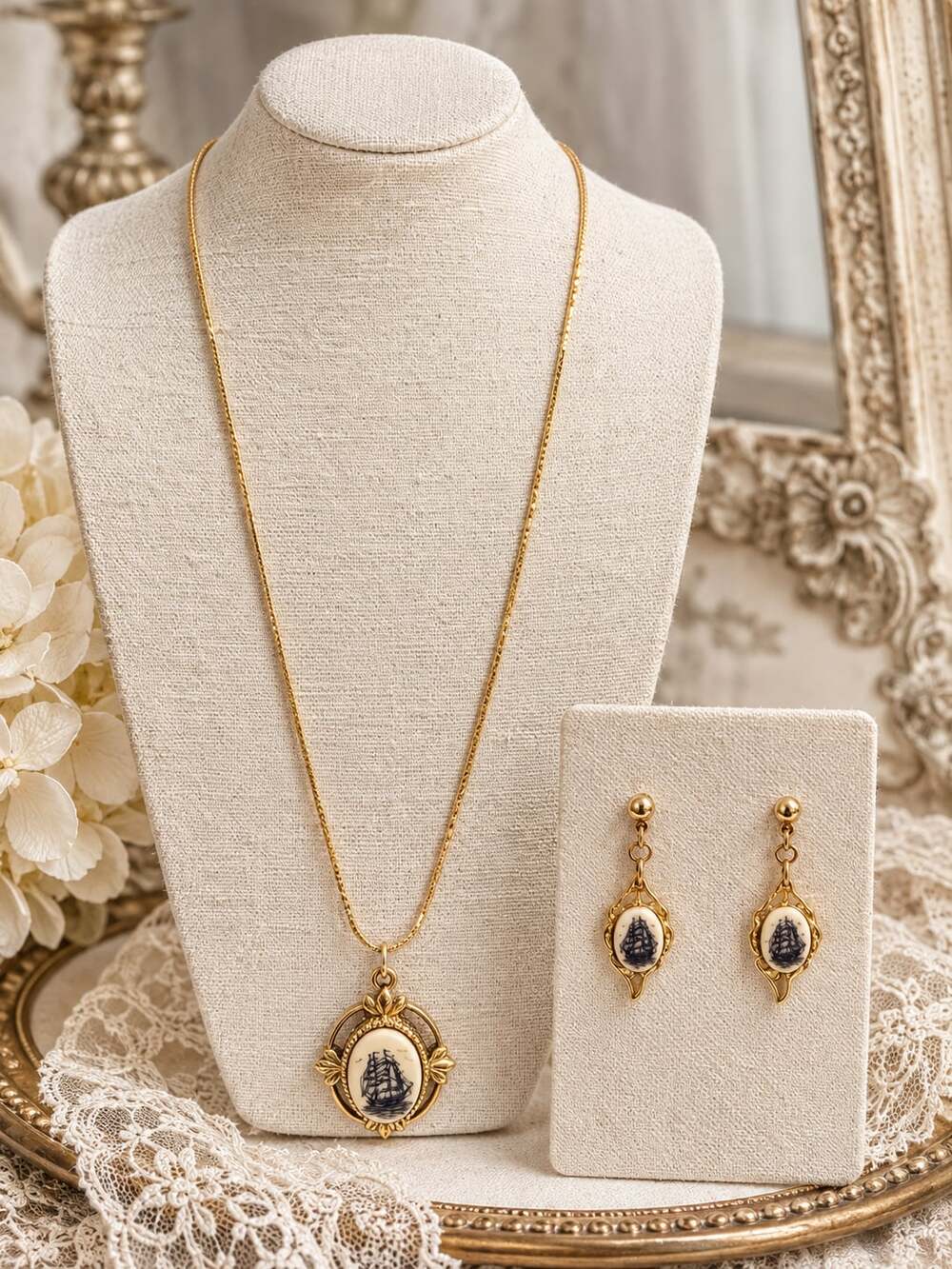 Vintage Sailing Ship Scrimshaw Style Pendant Necklace & Earrings Set